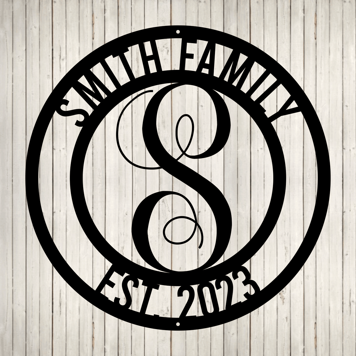 Swirly Circled Initial with Last Name and Est. Date
