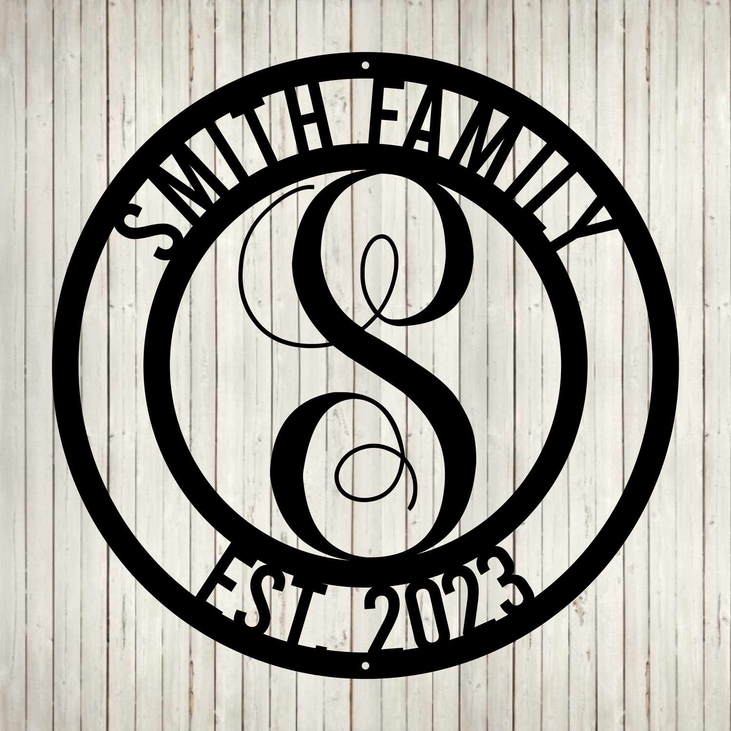 Swirly Circled Initial with Last Name and Est. Date